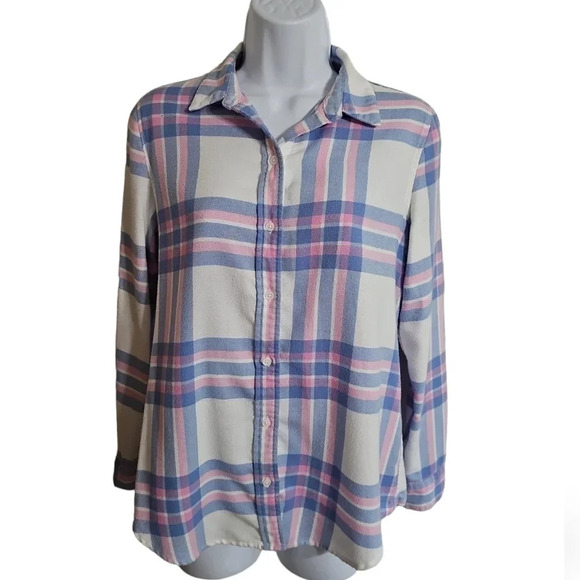 Banana Republic XS Boyfriend Fit White Blue Pink Plaid Button Down Flannel Shirt - Picture 2 of 7